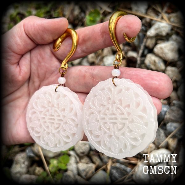 White jade bat and peach blossom gauged earrings-Jade ear hangers Online now