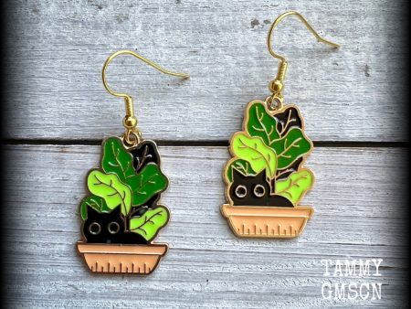 Black cat and pot plant earrings-Crazy cat lady earrings Online Hot Sale