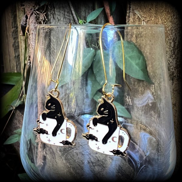 Black cat and coffee cup earrings-Black cat earrings Online Sale