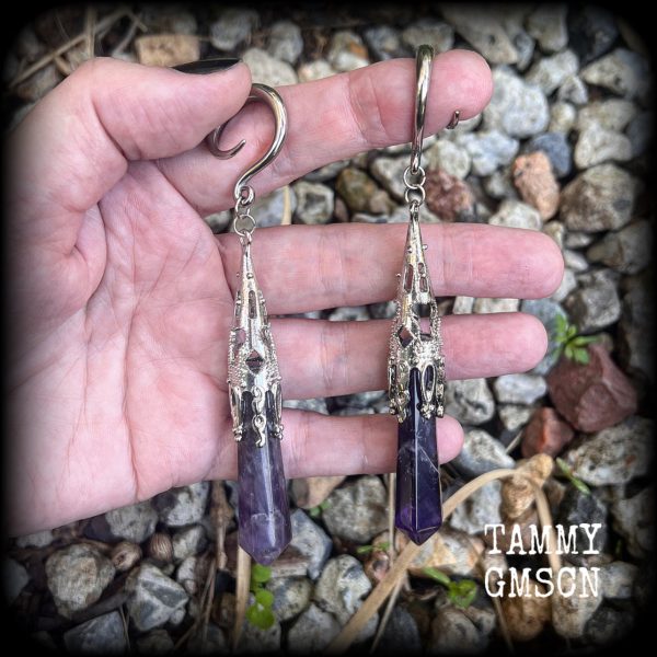 Amethyst ear gauges-Gothic gemstone gauged earrings Sale