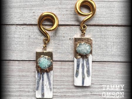 Selenite and druzy gauged earrings-Gemstone ear hangers Online Sale