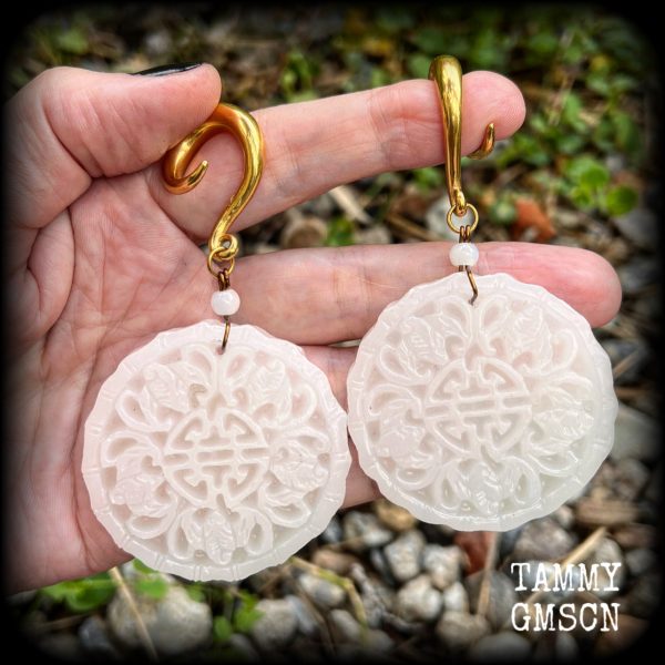 White jade bat and peach blossom gauged earrings-Jade ear hangers Online now