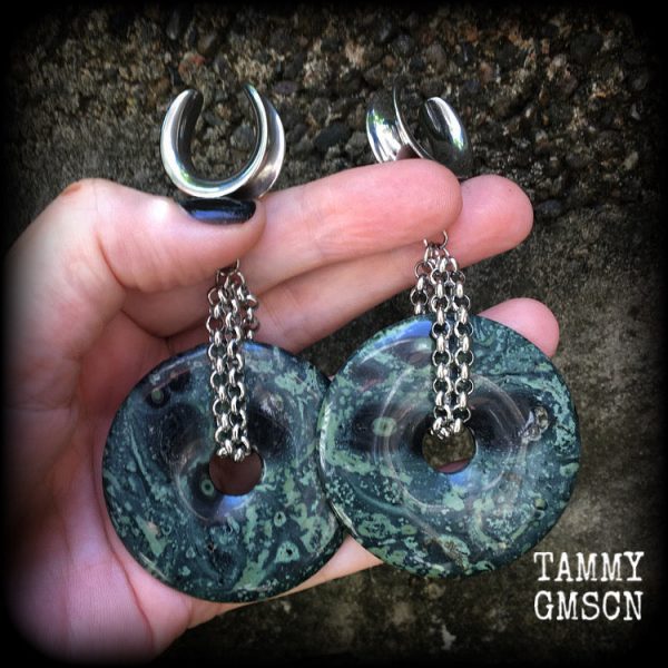 Kambaba jasper gauged earrings-Fossil ear weights Supply