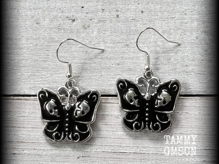 Skull butterfly earrings-Gothic moth earrings For Cheap