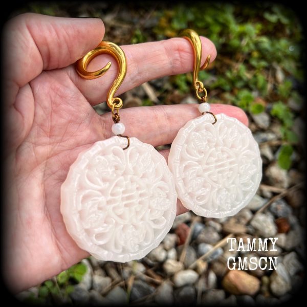 White jade bat and peach blossom gauged earrings-Jade ear hangers Online now