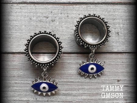 Turkish evil eye tunnel earrings-Evil eye ear gauges For Sale