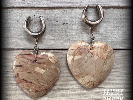 Picture jasper heart gauged earrings-Gemstone ear weights Online Sale