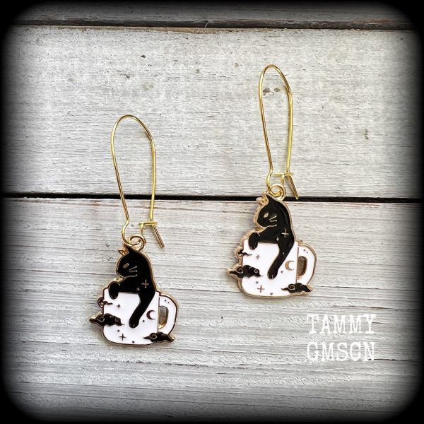 Black cat and coffee cup earrings-Black cat earrings Online Sale