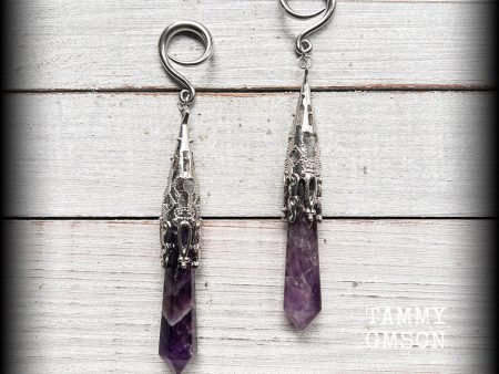 Amethyst ear gauges-Gothic gemstone gauged earrings Sale