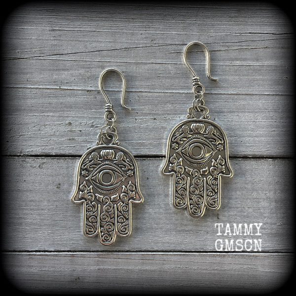 Hamsa hand earrings-Esoteric ear hangers For Sale