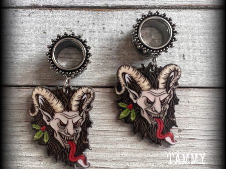 Krampus monster tunnel earrings-Christmas tunnel dangles For Cheap