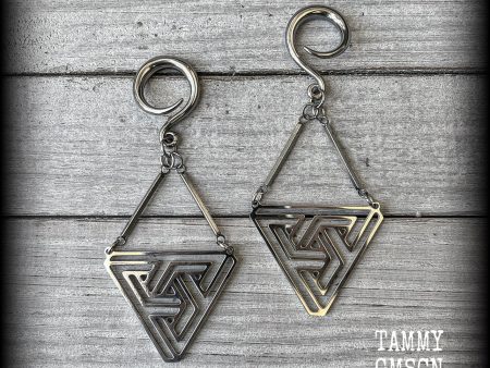 MC Escher impossible triangle gauged earrings-Penrose triangle ear hangers Sale