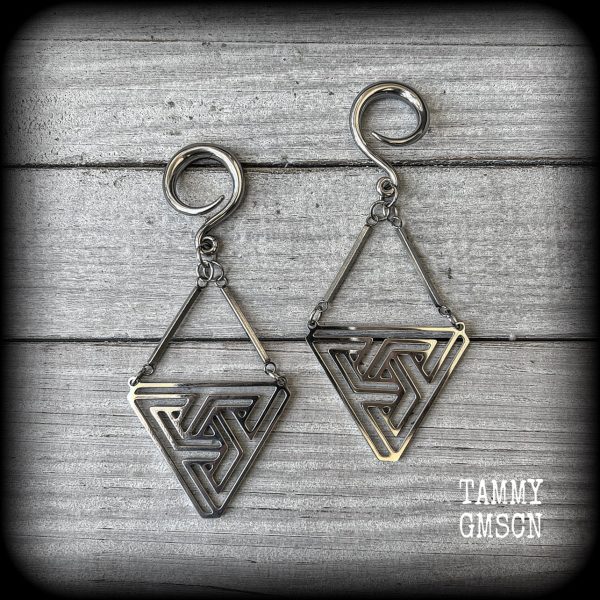 MC Escher impossible triangle gauged earrings-Penrose triangle ear hangers Sale