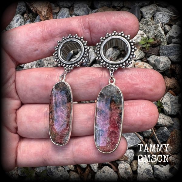 Rhodochrosite tunnel earrings-Gemstone tunnel dangles Online