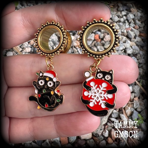 Festive black cat tunnel earrings-Christmas earrings Online