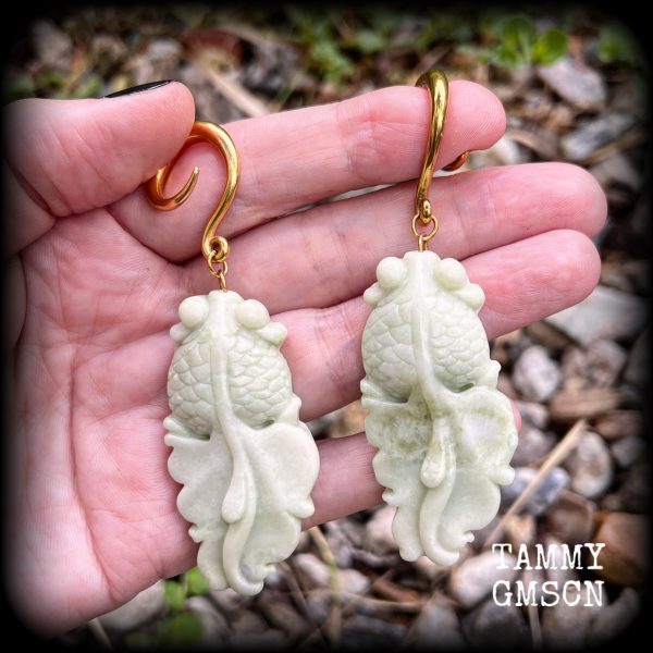 Chinese jade koi fish gauged earrings-Jade ear hangers Online