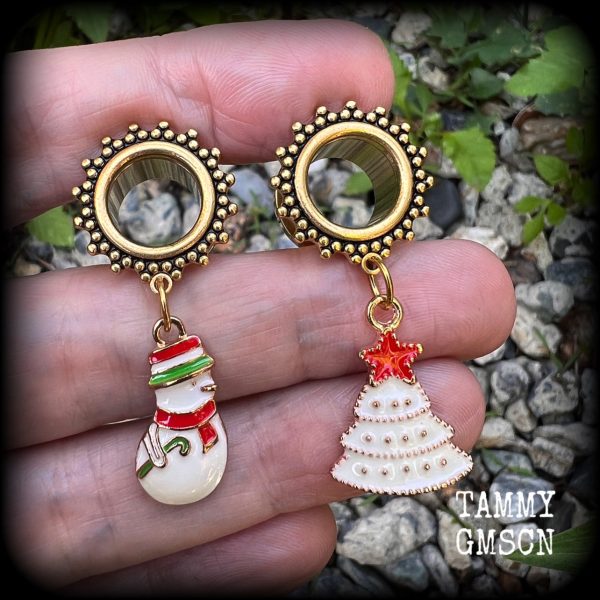 Festive Snowman and Christmas tree tunnel earrings-Christmas earrings For Sale