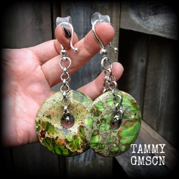 Lime green ocean jasper ear hangers-Gemstone earrings For Cheap