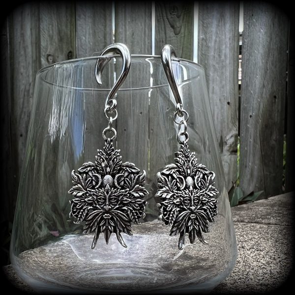 Antique silver Greenman gauged earrings-Green man jewellery For Cheap