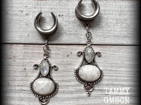 Rainbow moonstone gauged earrings-Boho gemstone ear hangers on Sale