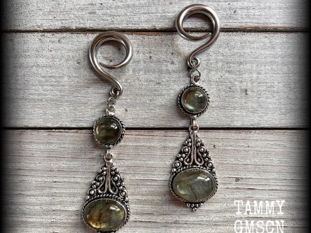 Labradorite gauged earrings-Gemstone ear hangers Discount