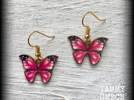 Antique gold and pink enamel butterfly earrings-Insect earrings Discount