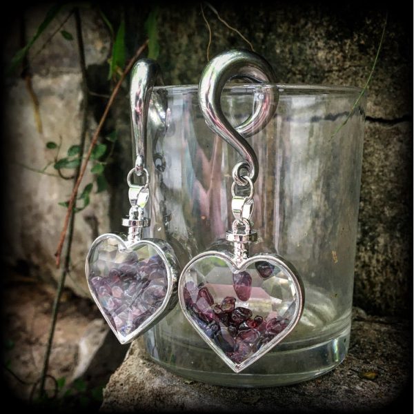 Garnet heart gauged earrings-Gemstone ear weights Online