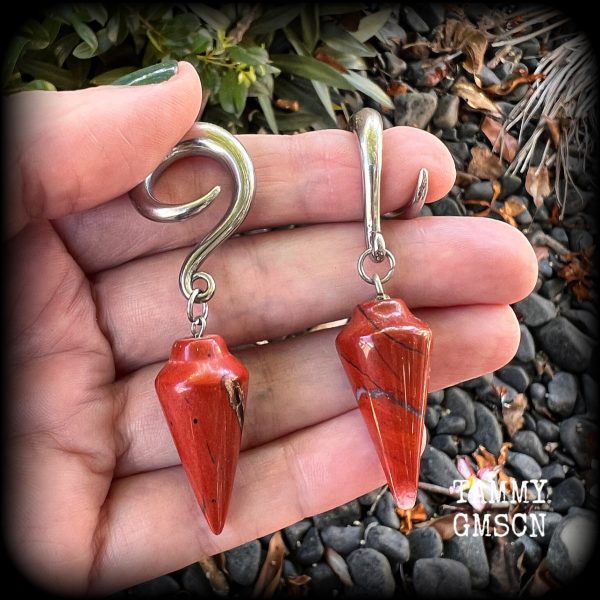 Red jasper gauged earrings-Gemstone ear hangers Hot on Sale