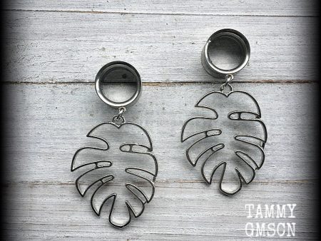 Monstera leaf tunnel earrings-Leaf tunnel dangles Discount