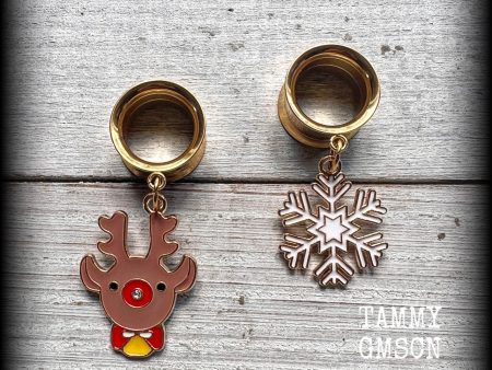 Reindeer and snowflake tunnel earrings-Christmas ear gauges Hot on Sale