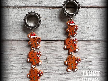 Gingerbread man tunnel earrings-Christmas tunnel dangles Hot on Sale