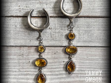 Yellow citrine gauged earrings-Gemstone ear weights on Sale