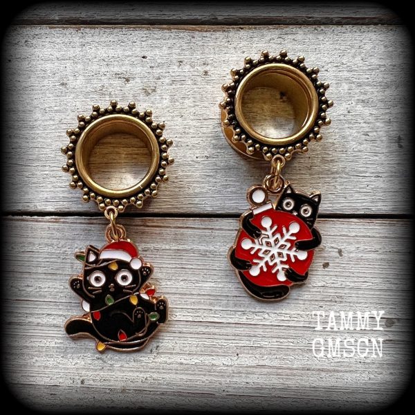 Festive black cat tunnel earrings-Christmas earrings Online