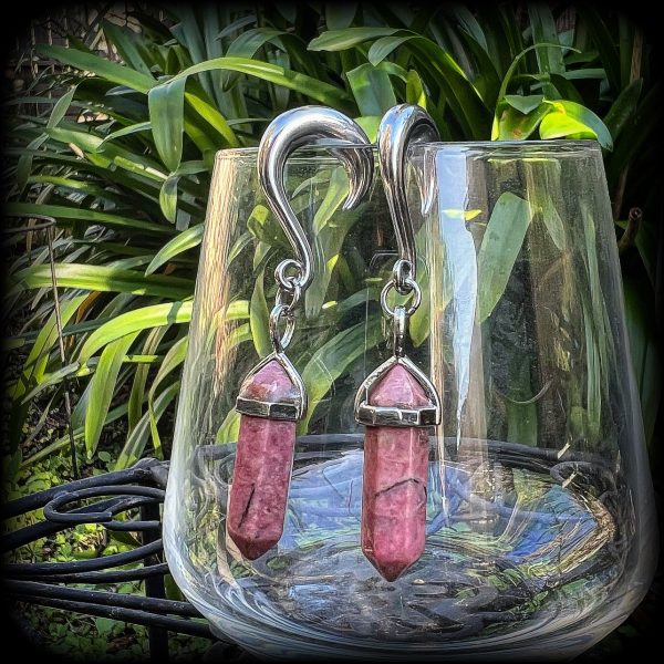 Rhodochrosite gauged earrings-Gemstone ear hangers Fashion