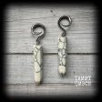 White stone gauged earrings-Howlite ear hangers For Discount