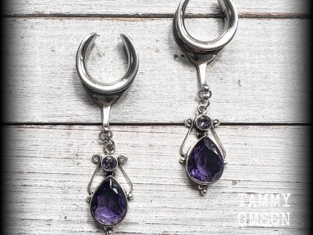 Amethyst ear hangers-Gemstone gauged earrings Online Hot Sale