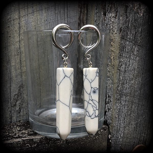 White stone gauged earrings-Howlite ear hangers For Discount