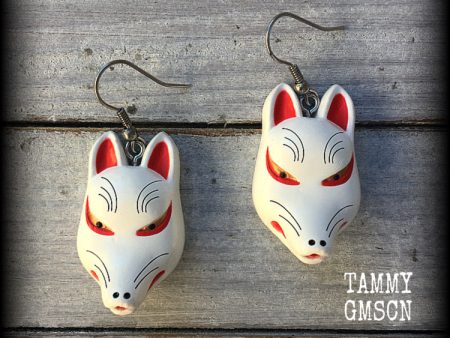 Japanese komendo fox mask earrings-White kitsune earrings For Discount