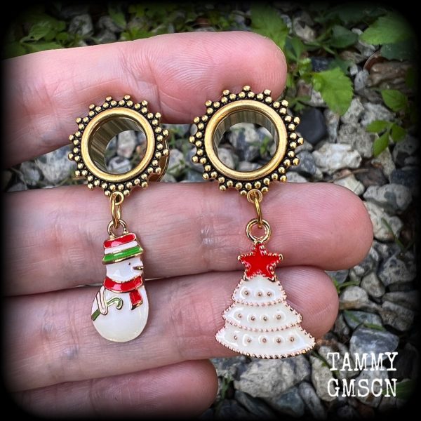 Festive Snowman and Christmas tree tunnel earrings-Christmas earrings For Sale