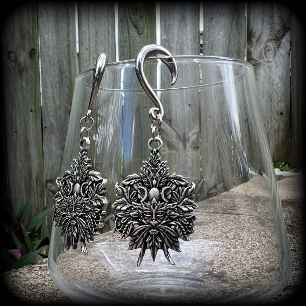 Antique silver Greenman gauged earrings-Green man jewellery For Cheap