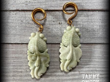 Chinese jade koi fish gauged earrings-Jade ear hangers Online