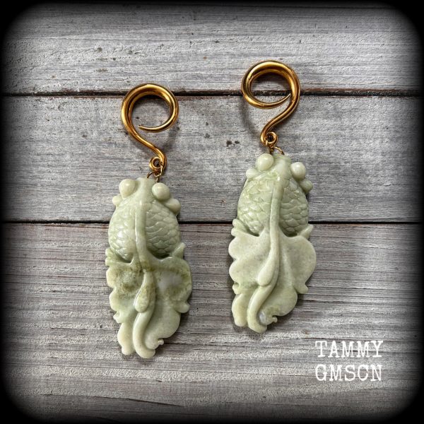 Chinese jade koi fish gauged earrings-Jade ear hangers Online