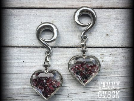 Garnet heart gauged earrings-Gemstone ear weights Online