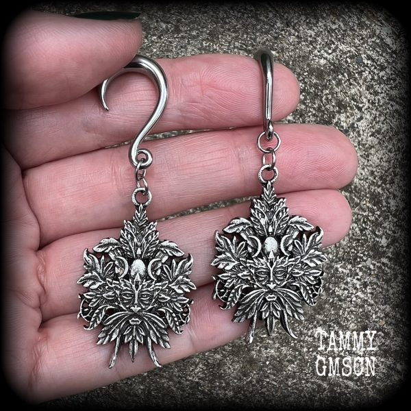 Antique silver Greenman gauged earrings-Green man jewellery For Cheap