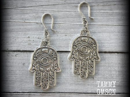 Hamsa hand earrings-Esoteric ear hangers For Sale