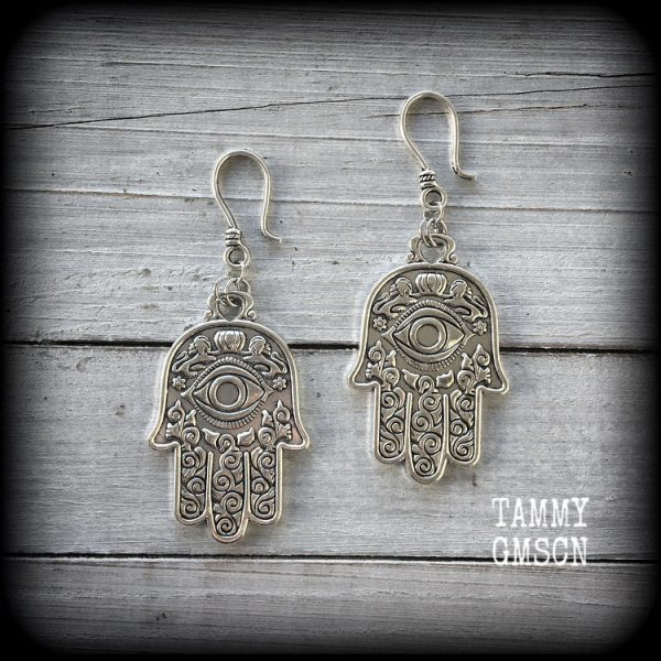 Hamsa hand earrings-Esoteric ear hangers For Sale