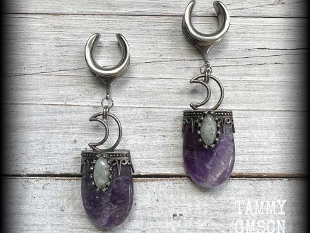 Amethyst and Labradorite gauged earrings-Gemstone ear weights Hot on Sale