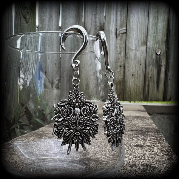 Antique silver Greenman gauged earrings-Green man jewellery For Cheap