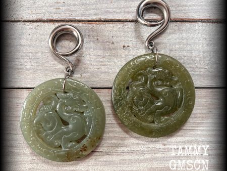 Jade dragon ear weights-Chinese jade gauged earrings Supply