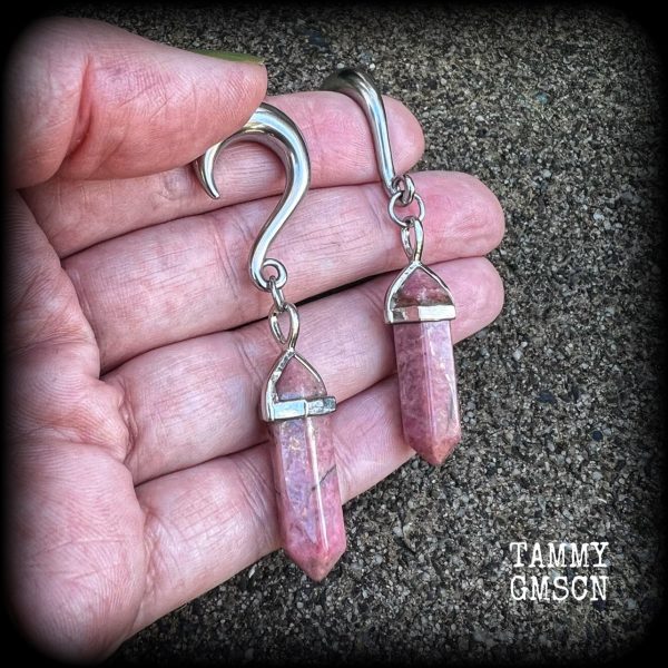 Rhodochrosite gauged earrings-Gemstone ear hangers Fashion